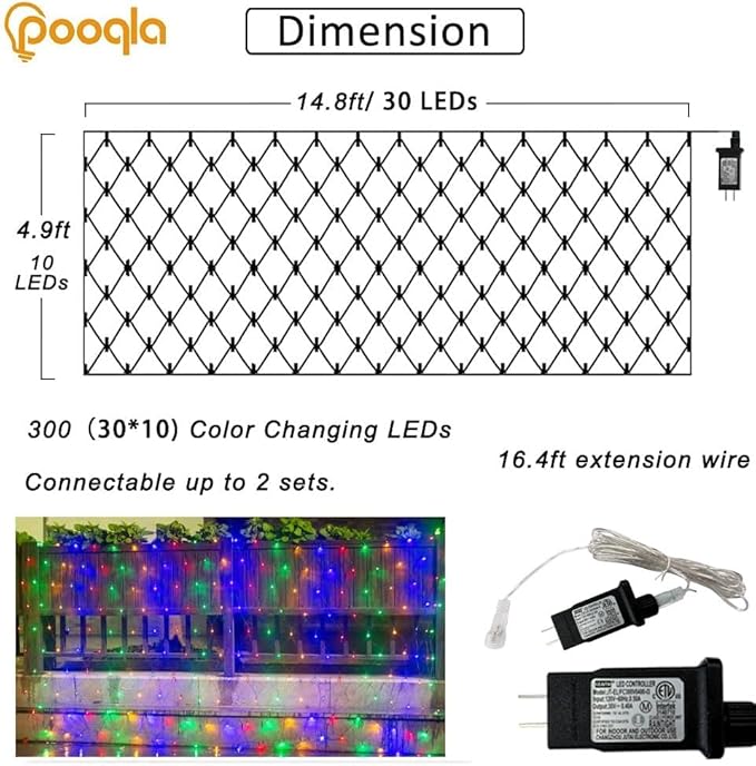 Colorful Net Lights Outdoor, 300 LED Christmas Net Mesh Lights for Bushes 14.8x4.9ft, 8 Modes Waterproof Twinkle String Light Connectable for Christmas Hedge Yard Garden Party Decor