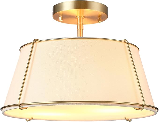 Globe Electric 2-Light Flush Mount Ceiling Light, Matte Brass, Off-White Fabric Shade with Acrylic Diffuser, Updated Traditional Style