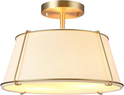 Globe Electric 2-Light Flush Mount Ceiling Light, Matte Brass, Off-White Fabric Shade with Acrylic Diffuser, Updated Traditional Style