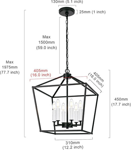 MELUCEE Rustic Open Cage Chandelier 6 Lights in Black Farmhouse Lantern Hanging Ceiling Light Large Pendant Light with White Candle-Shaped Socket for Hallway Dining Room Kitchen Island, E12 Base
