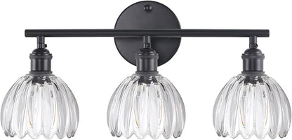 Shenmoyl Bathroom Light Fixtures, 3-Light Black Vanity wall Light Over Mirror with Clear Tulip Glass Shade for Bedroom Living Room (Bulb Not Included)