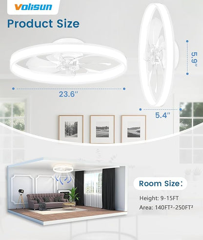 VOLISUN Low Profile Ceiling Fans with Lights and Remote, 24in Fandelier Ceiling Fan Flush Mount, 3000K-6500K Smart Bladeless LED Fan Light, White Modern Ceiling Fans with Lights for Bedroom