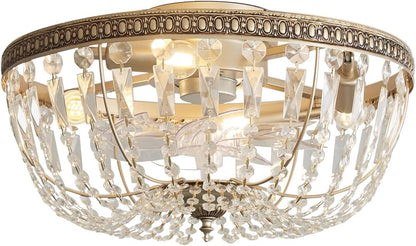 20" Flush Mount Fandelier Ceiling Fan with Light, Crystal Gold Fandelier Ceiling Fan with Light Remote Control, Vintage French Country Caged with 6 Speeds for Bedroom, Living Room, Foyer, Nursery