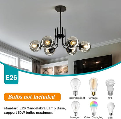 hesoge 6-Lights Glass Globe Sputnik Chandeliers Modern Metal Ceiling Light Fixture Black Semi Flush Mount Chandelier for Living Room Dining Room Bedroom Farmhouse Kitchen.