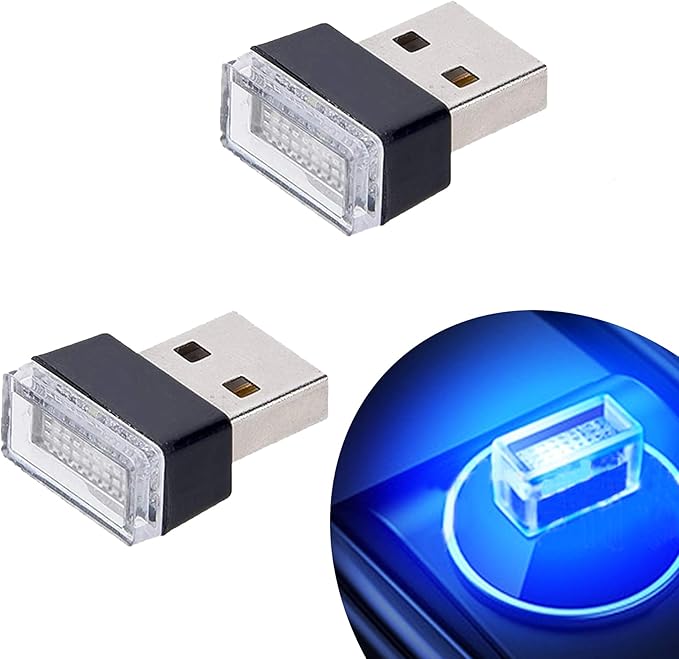 Febrytold 2 Pcs Blue Universal Mini USB LED Car Interior Ambient Atmosphere Lights for Car Interior Trunk Ambient Atmosphere