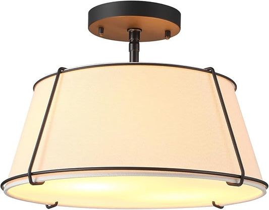 Globe Electric 2-Light Flush Mount Ceiling Light, Matte Black, White Fabric Shade with Acrylic Plate, Updated Traditional Style