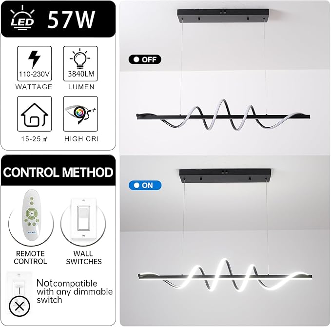 Modern Kitchen Island Light Fixtures 3000K-6500K Black Pendant Lights Fixture with 59.05 inch Soft Silicone Lamp Strip DIY Outlook Modern Linear Chandelier for Table Dining Room Island