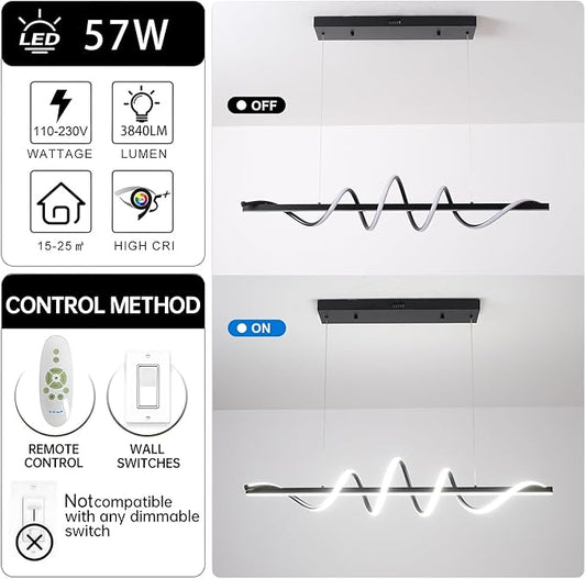 Modern Kitchen Island Light Fixtures 3000K-6500K Black Pendant Lights Fixture with 59.05 inch Soft Silicone Lamp Strip DIY Outlook Modern Linear Chandelier for Table Dining Room Island