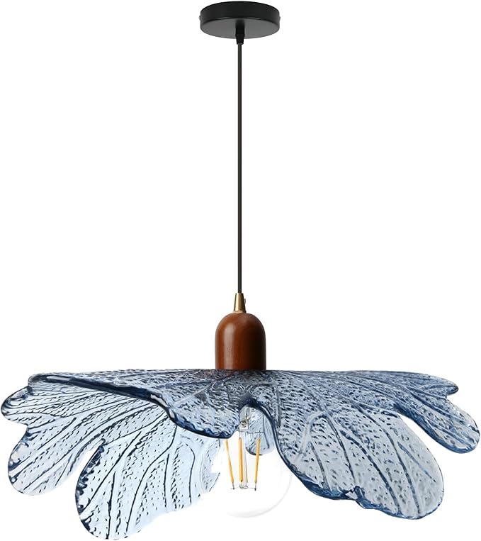 Blue Glass Pendant Light 15.75" Large Flower Petal Hanging Ceiling Light Adjustable 59" Cord with Wood & Metal Accents Modern Statement Chandelier for Dining Room Living Room Foyer