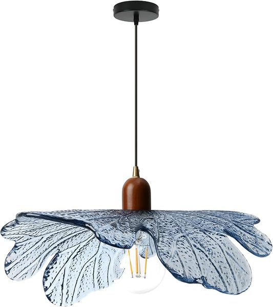 Blue Glass Pendant Light 15.75" Large Flower Petal Hanging Ceiling Light Adjustable 59" Cord with Wood & Metal Accents Modern Statement Chandelier for Dining Room Living Room Foyer