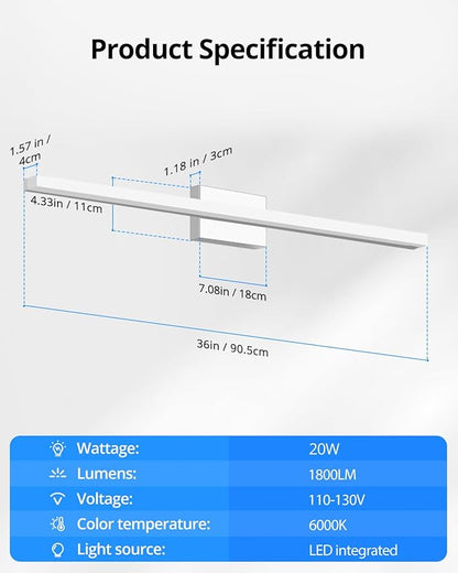 Combuh LED Vanity Lights Bar 36 Inch, 20W Bathroom Light Fixtures Over Mirror, IP44 Indoor Wall Mounted Sconces Modern for Washroom, Cool White 6000K