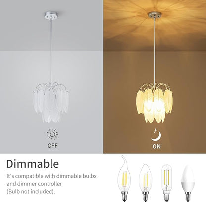 LumFurn D12 inch Glass Chandeliers, 3-Light Modern Pendant Light Fixture for Dining Room, Living Room, D12x18~47 in(Adjustable Height), White Frosted Glass Feather Shade & Silver Finish Frame