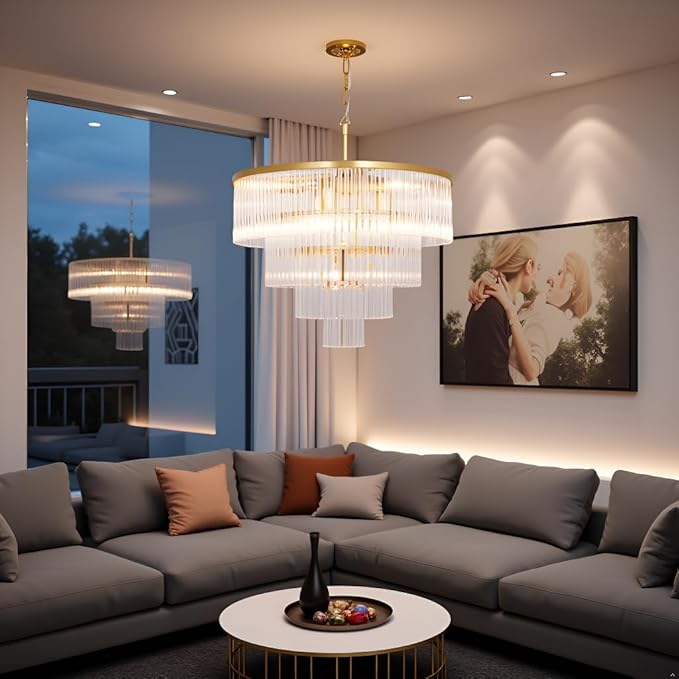 Modern Multi-Tier Crystal Chandelier 4-Tier Round Gold Finish Ceiling Light -Cylindrical Glass Rods -Dining Room Living Room Bedroom Entryway -Luxury Lighting Fixture 20''
