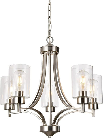 BOZO 5-Light Brushed Nickel Chandelier Modern Dining Room Lighting Fixtures Kitchen Over Table Pendant Lighting for Foyer Bedroom Bathroom Hallway with Clear Glass Shade