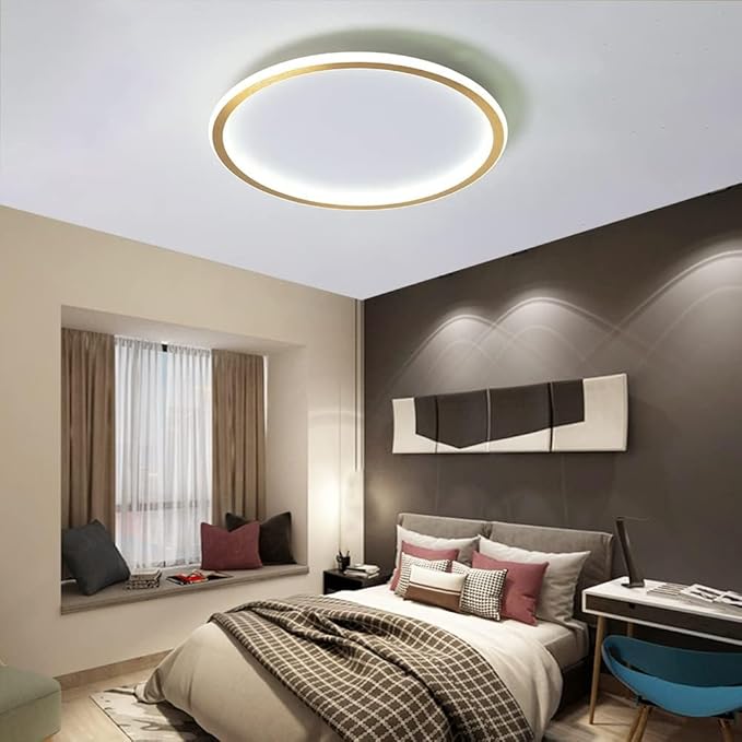 Dimmable LED Ceiling Light Fixture Flush Mount,16 inch Modern Round Recessed Ceiling Lamp ,Gold 44W Close to Ceiling Indoor Lighting For Home Living Room Bedroom,3000K-6000K with APP Adjustment
