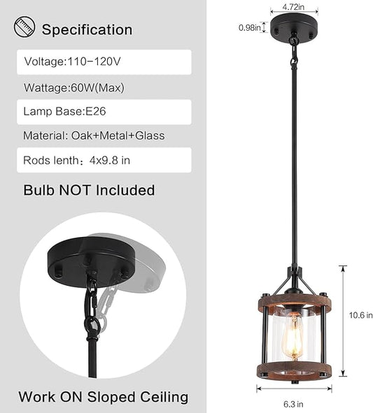 SGLfarmty Farmhouse Pendant Light for Kitchen Island, 1 Pack Rustic Black and Wood Light Fixtures with Glass Shade, Blown Pendant Lamps Over Table, Farmhouse Hanging Light for Dining Room, Sink, Bar
