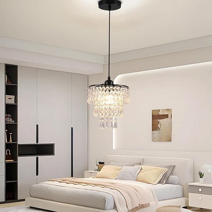 FRIXCHUR Black Small Crystal Chandelier Pendant Light Semi Flush Mount Ceiling Light for Hallway Foyer Closet Bedroom, 7.9 Inch