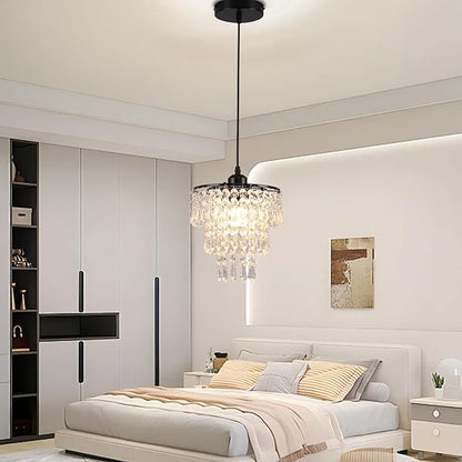 FRIXCHUR Black Small Crystal Chandelier Pendant Light Semi Flush Mount Ceiling Light for Hallway Foyer Closet Bedroom, 7.9 Inch