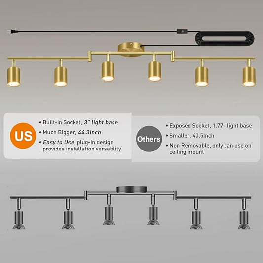 Plug in Track Lighting, LED Track Lighting Fixtures Ceiling, Gold 6-Light Kitchen Light Kit, Plug in Wall Light with 14.8ft Power Cord, Rotatable Ceiling Spotlight for Bedroom(GU10 Socket, NO Bulb)