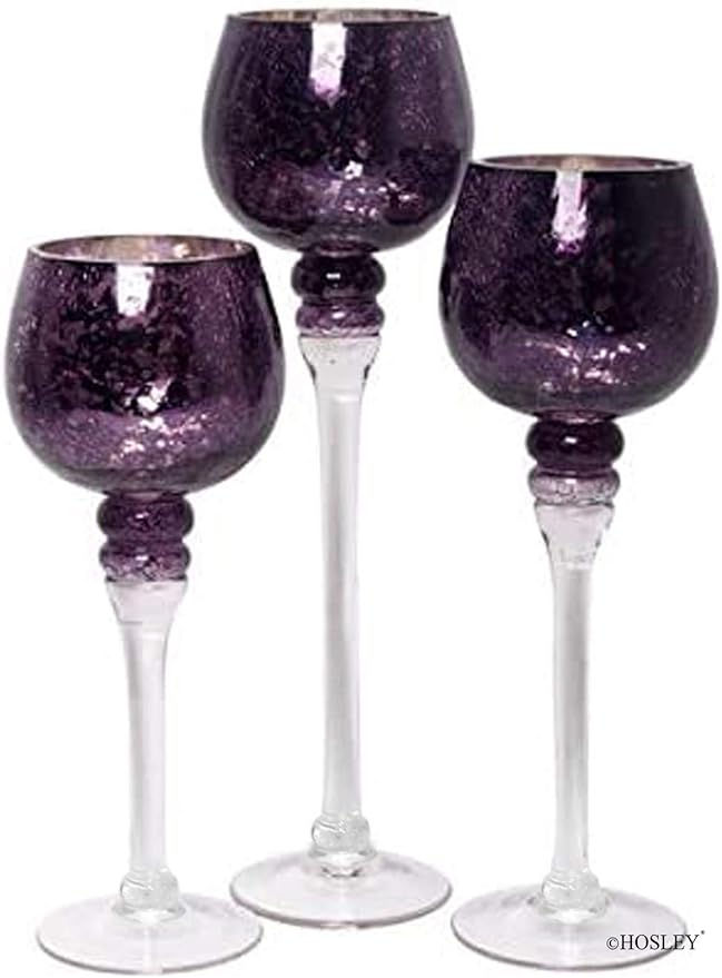 Hosley Set of 3 Crackle Purple Glass Tealight Holders 12 Inch, 10 Inch, 9 Inch Heights for Captivating Candlelight Ambiance Radiant Elegance