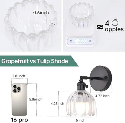 Shenmoyl Vintage Battery Operated Wall Sconce with Transparent Tulip Glass Lampshade Rechargeable Battery Powered Black Wall Light with Remote Control for Bedside Bedroom Doorway