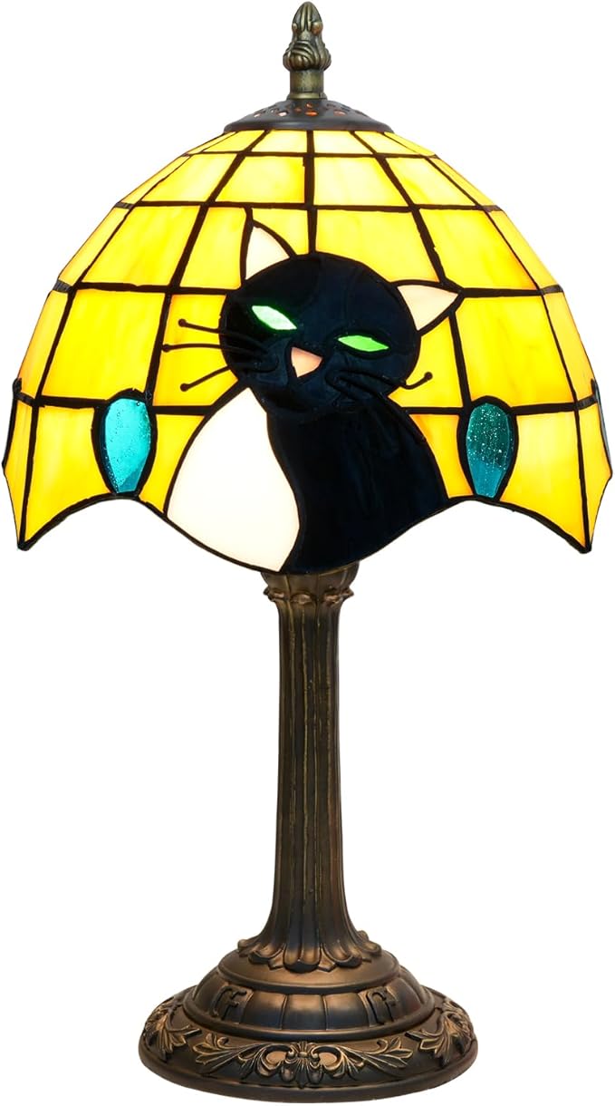 Tiffany Stained Glass Small Cat Table Lamp Elegant Cute Vintage Style White Black Cat Lamp for Nightstand Bedroom Home Decor Kitchen Counter Antique Living Room Office Desk Bedside Night Lamps