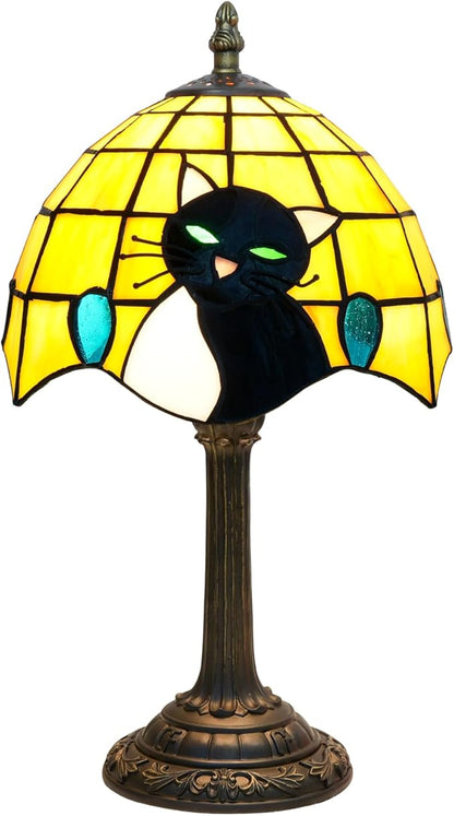 Tiffany Stained Glass Small Cat Table Lamp Elegant Cute Vintage Style White Black Cat Lamp for Nightstand Bedroom Home Decor Kitchen Counter Antique Living Room Office Desk Bedside Night Lamps