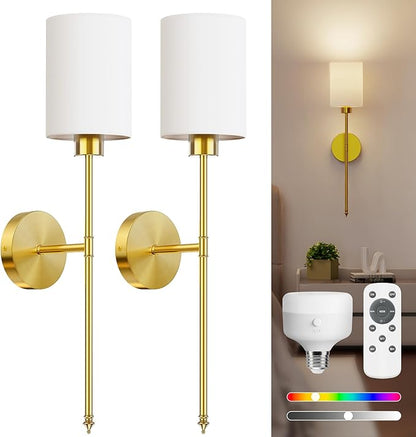 NIORSUN 24 inch Battery Operated Wall Sconce Set of 2, Gold Wireless Rechargeable Wall Lights with 5200mAh Dimmable Detachable Bulbs and Remote, 9 Colors Sconces Wall Decor for Bedroom Living Room