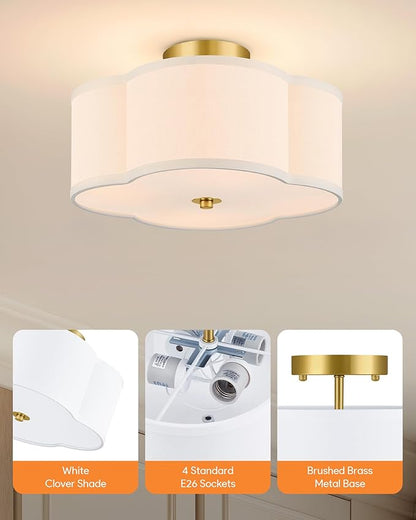VONLUCE Semi Flush Mount Ceiling Light, 12.8" Ceiling Light Fixture with Four Leaf Clover-Shaped, 4-Light Modern Light Fixture for Bedroom Living Room Nursery Hallway, White Shade & Gold Finish