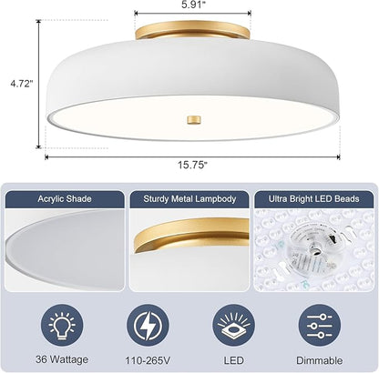 Dimmable LED Ceiling Light, White and Gold Light Fixture, Mid-Century Semi Flush Mount Ceiling Light 5CCT 2700K-6000K Ceiling Lamp for Laundry Room Kitchen, Bedroom, Hallway(15.8in)