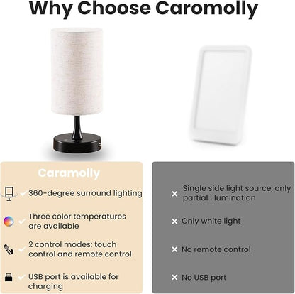 Caromolly Light Therapy Lamp, 10000 Lux Lamp with Remote Control, 3 Color Temperature & 4 Brightness Level & Timer, Daylight Lamp for Home, Office, Decoration(Black Base Linen Shade)