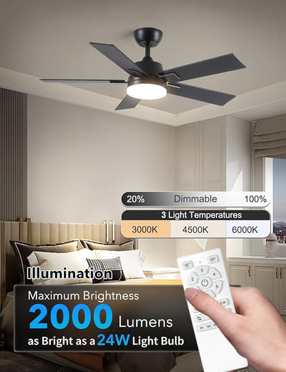 Rayqueen 42 Inch Ceiling Fans with Lights and Remote, 6 Speed Reversible DC Motor, 3CCT Dimmable LED, Black Modern Ceiling Fan for Bedroom, Living room & Covered Outdoor,Includes Downrod