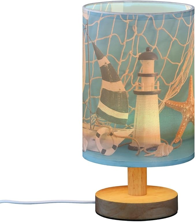 Table Lamp Nautical Sailboat Lighthouse Starfish Seashell Fishnet Blue Wood Nightstand Lamp with Wood Base Fabric Lamp Shade Bedside Desk Lamp for Living Room Bedroom Kids Room Office