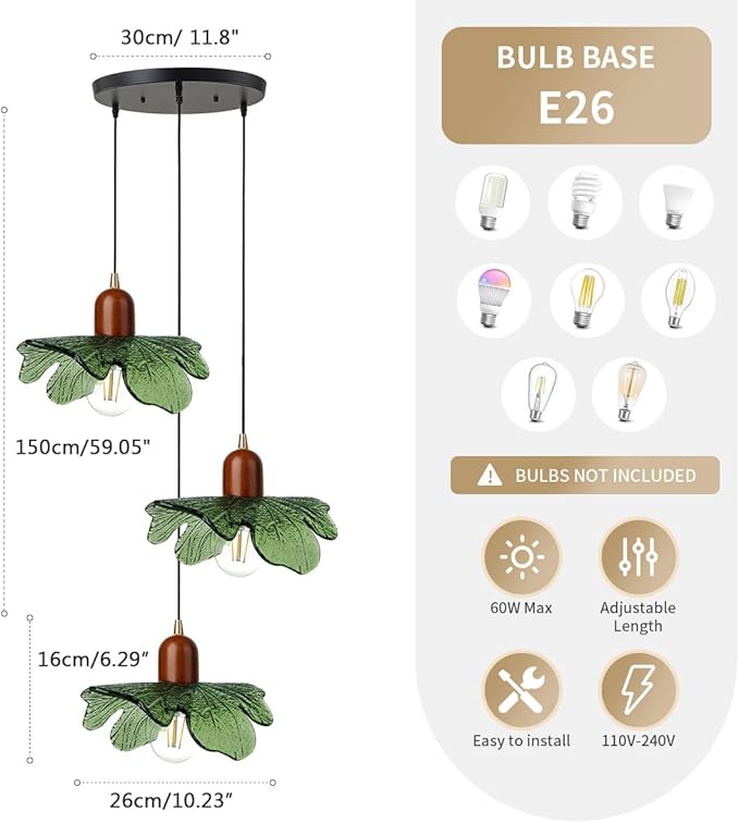 Mid Century Chandeliers 3-Light Green Glass Hanging Pendant Lamp Art Decoration Light Fixtures Walnut Wood Black Vintage Chandelier for Dining Room, Living Room, Bedroom