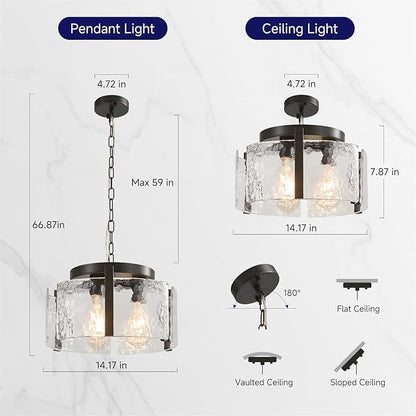 Modern Black Round Glass Chandelier,3 Light Entryway Pendant Lighting,Dining Room Lighting Fixtures Over Table,Vintage Drum Chandeliers for Kitchen Bedroom Living Room Stairwell Foyer Laundry Bathroom