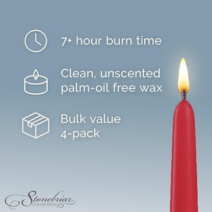 Stonebriar Unscented Taper Candles – 7 Hour Burn Time, Long-Lasting Wax Candles for Weddings, Holidays, Home Décor & Special Events, Pack of 4, Red, 10"