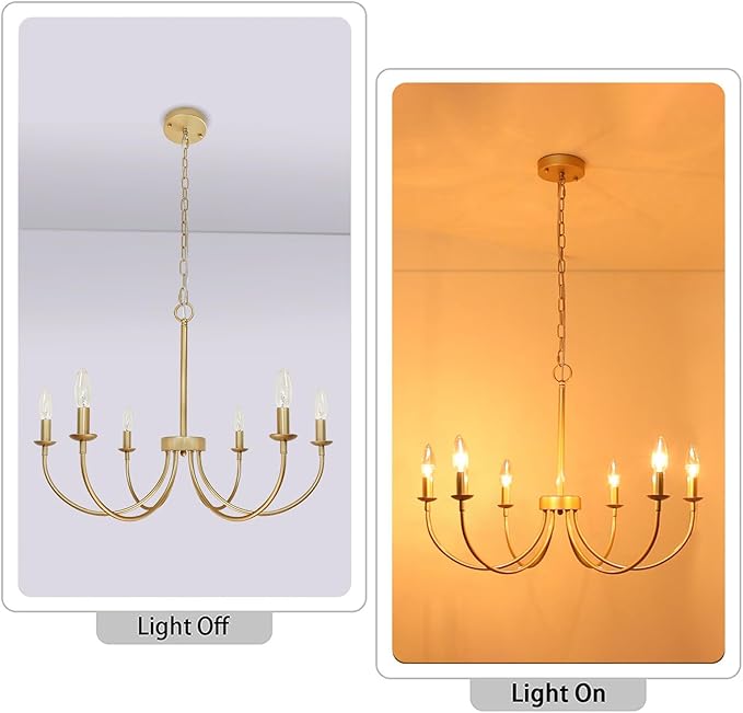 Modern Gold Chandelier, 6-Light Metal Farmhouse Dining Room Light Fixture, Candle Chandelier Light Fixtures Rustic Industrial Modern Chandelier for Bedroom, Foyer, Living Room