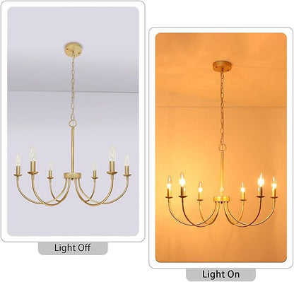 Modern Gold Chandelier, 6-Light Metal Farmhouse Dining Room Light Fixture, Candle Chandelier Light Fixtures Rustic Industrial Modern Chandelier for Bedroom, Foyer, Living Room