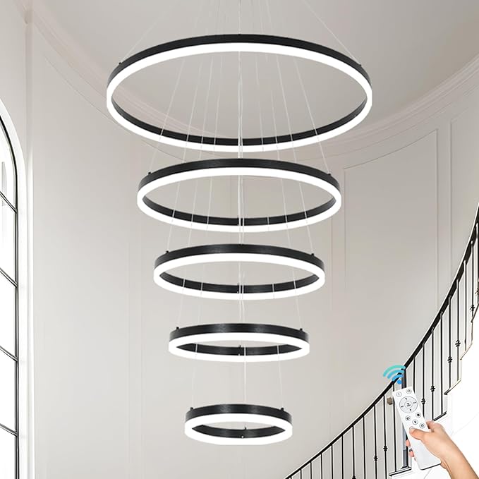 5 Rings Modern LED Chandelier Black Large High Ceiling Chandeliers with Remote Control Contemporary Pendant Light Dimmable for Staircase Entryway Living Room Foyer Villa(3000K-6500K D31.5)