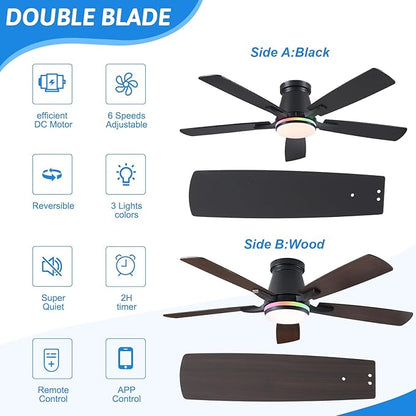 Surtime 52" Ceiling Fans with RGB Lights-Low Profile Ceiling Fan with Light and Remote/APP Control,Flush Mount,DC Reversible,LED Dimmable Black Ceiling Fans for Bedroom,Indoor/Outdoor Patio Use