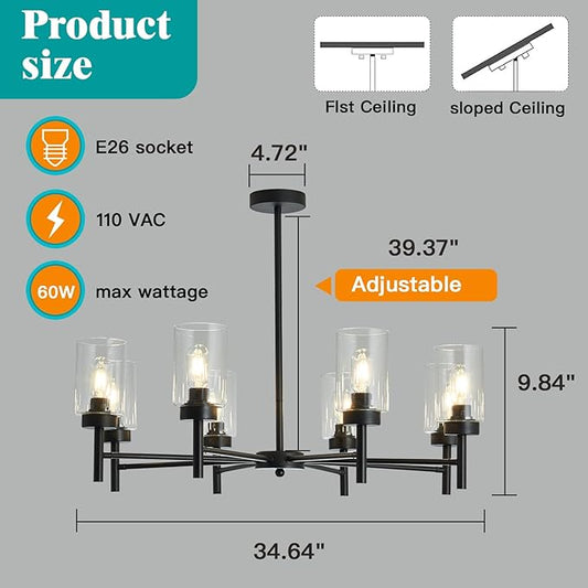 hesoge Black 8-Light Large Modern Chandelier,Clear Glass Metal Ceiling Light Fixture，Farmhouse Pendant Hanging for Kitchen Dining Room Living Room Bedroom.