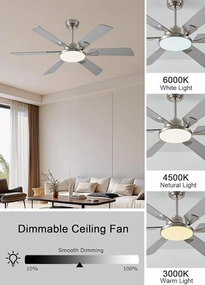 JSAITEE 52 Inch Low Profile Ceiling Fan with Light, Remote & App Control, 3CCT Dimmable,6 Speed 6 Blades Ceiling Fans, Quiet Reversible DC Motor, Modern Nickel Ceiling Fan for Bedroom Living Room