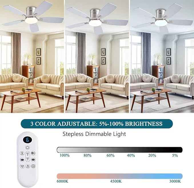 Ayaoty 42 Inch Low Profile Ceiling Fans with Lights and Remote, Flush Mount Modern Ceiling Fan, 3CCT Dimmable DC Ceiling Fan for Bedroom, Living Room, Brushed Nickel