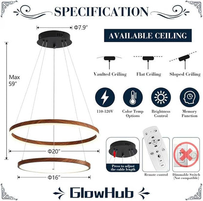 LED Chandelier for Dining Room 2 Ring LED Ceiling Hanging Light Adjustable Dimmable with Remote Modern Farmhouse Circular Wood Painted Round Pendant Light for Entryway, Bedroom, Office