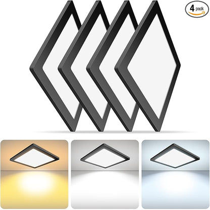 4 Pack 12 Inch Square Black Ceiling Light, 24W 120V, 3000K/4000K/5000K, Dimmable Slim LED Ceiling Light, Ceiling Light Fixtures for Bedroom, Kitchen, Hallway, Laundry, ETL Listed, Each Side is 11.38"