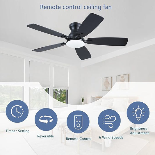 NKPU Ceiling Fans with Lights, Low Profile Ceiling Fan with Light and Remote/APP Control, DC Motor, Noiseless, Flush Mount, 46inch Black Ceiling Fan for Bedroom Indoor/Outdoor Use