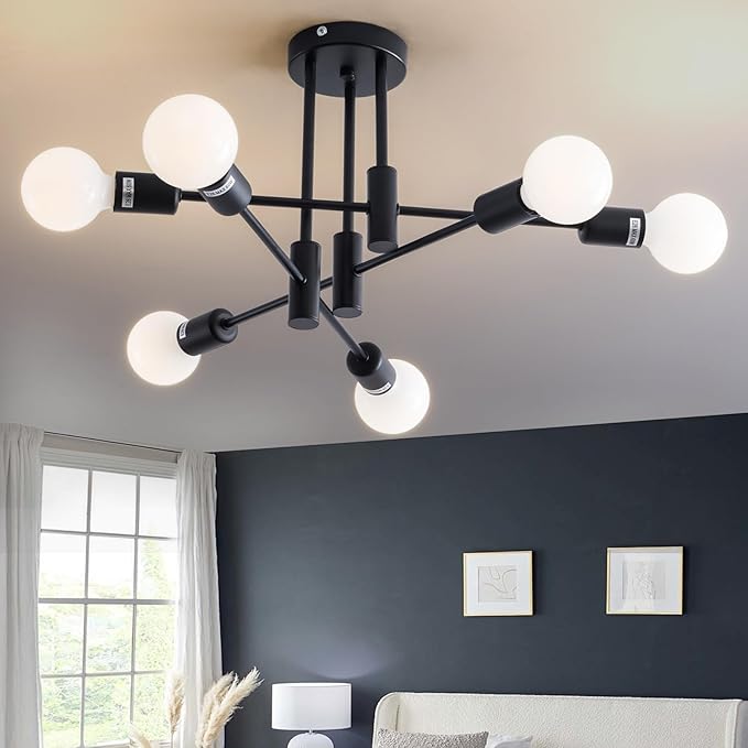 20.5 Inch Black Sputnik Ceiling Light Fixture 6-Light Black Sputnik Chandeliers, Mid Century Chandelier Modern Chandelier for Dining Room, Living Room, Bedroom, E26 Base