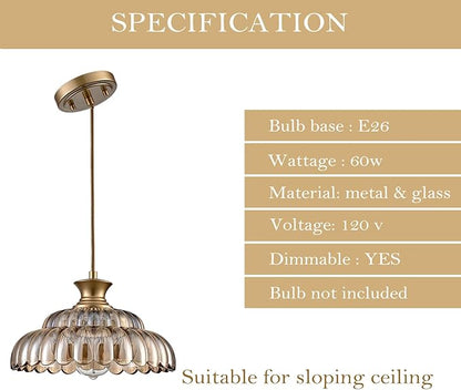 HYDELITE Vintage Amber Glass Pendant Lights Modern Gold Kitchen Island Pendant Light Fixture Adjustable Hanging Ceiling for Dining Living Room Restaurant Entryway