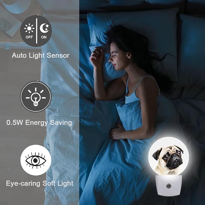 Pug Dog Night Light Plug-in Sleep Lamp Led Dusk to Dawn Night Light for Bedroom