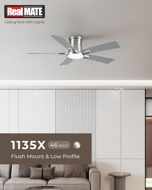 46 Inch Ceiling Fans with Lights and Remote, Nickel Low Profile Ceiling Fan, Flush Mount Style with 5 Blades, For Indoor Bedroom Living Room/Outdoor, 6 Speed Reversible DC Motor, 3CCT Dimmable LED